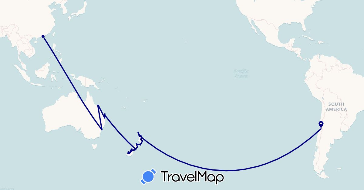 TravelMap itinerary: driving in Australia, Chile, China, New Zealand (Asia, Oceania, South America)